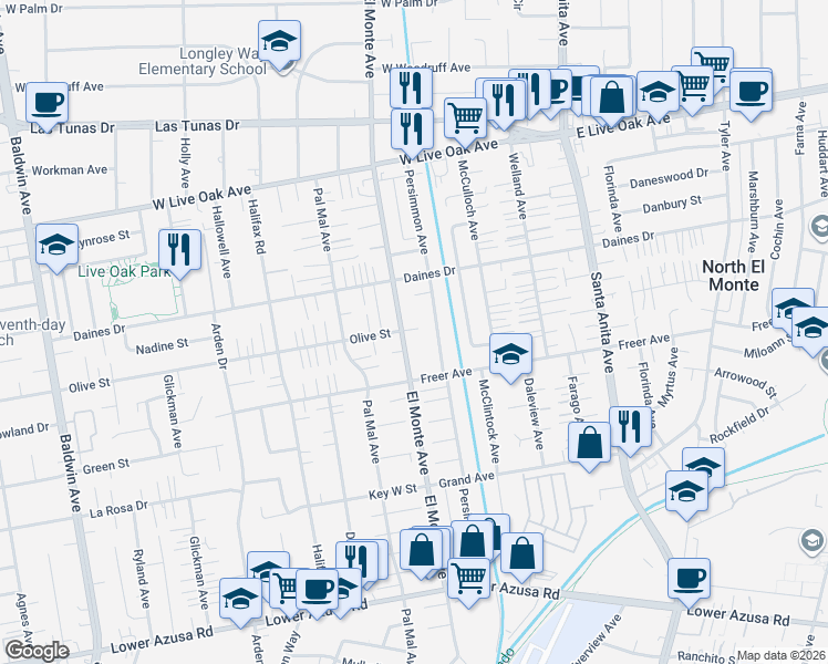 map of restaurants, bars, coffee shops, grocery stores, and more near 5370 El Monte Avenue in Temple City