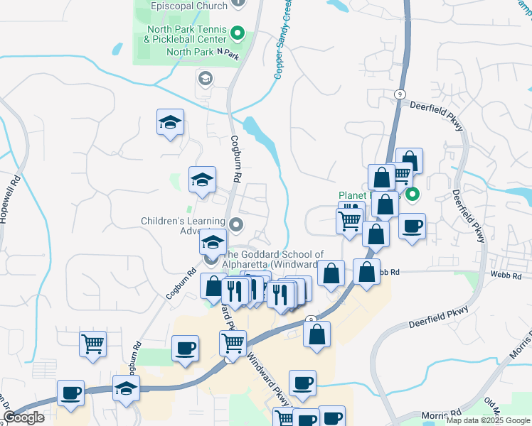 map of restaurants, bars, coffee shops, grocery stores, and more near 2859 Soneley Way in Alpharetta