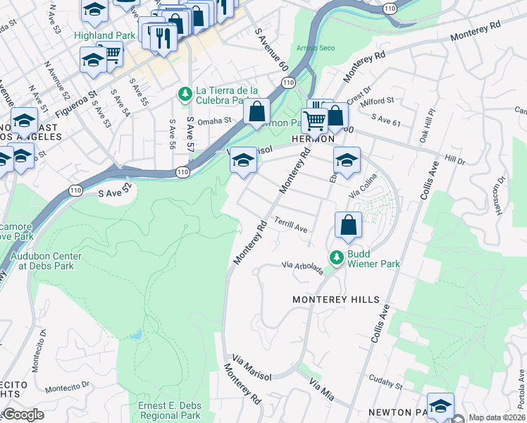 map of restaurants, bars, coffee shops, grocery stores, and more near 5419 Monterey Road in Los Angeles