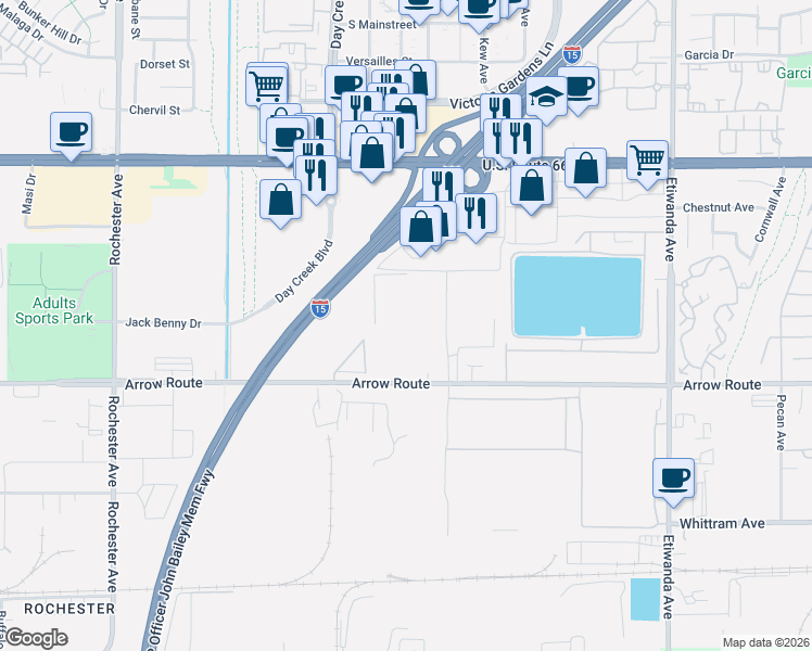 map of restaurants, bars, coffee shops, grocery stores, and more near 12400 Arrow Route in Rancho Cucamonga