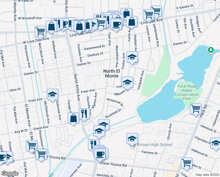 map of restaurants, bars, coffee shops, grocery stores, and more near 11212 Freer Street in Arcadia