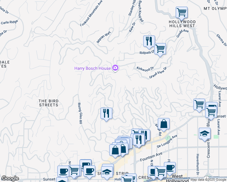 map of restaurants, bars, coffee shops, grocery stores, and more near 8713 Sunset Plaza Terrace in Los Angeles