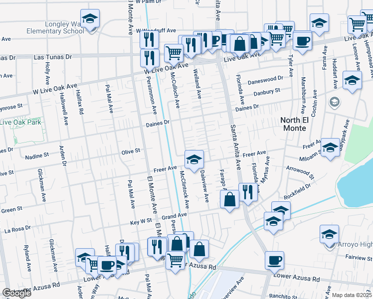 map of restaurants, bars, coffee shops, grocery stores, and more near 5338 McCulloch Avenue in Temple City