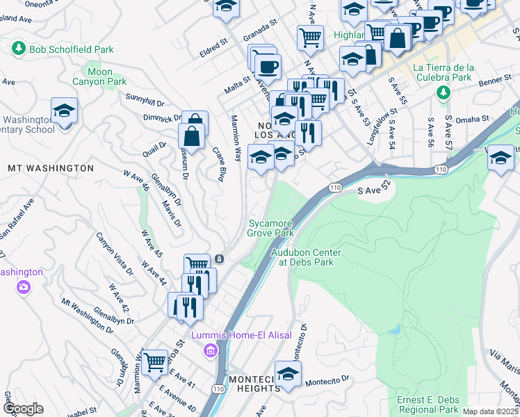 map of restaurants, bars, coffee shops, grocery stores, and more near 4725 North Figueroa Street in Los Angeles