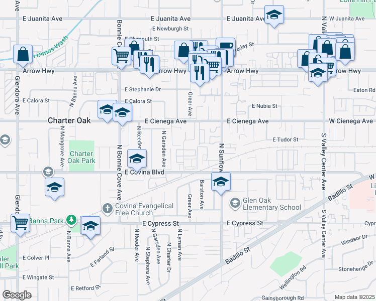 map of restaurants, bars, coffee shops, grocery stores, and more near 1188 Lyman Avenue in Covina