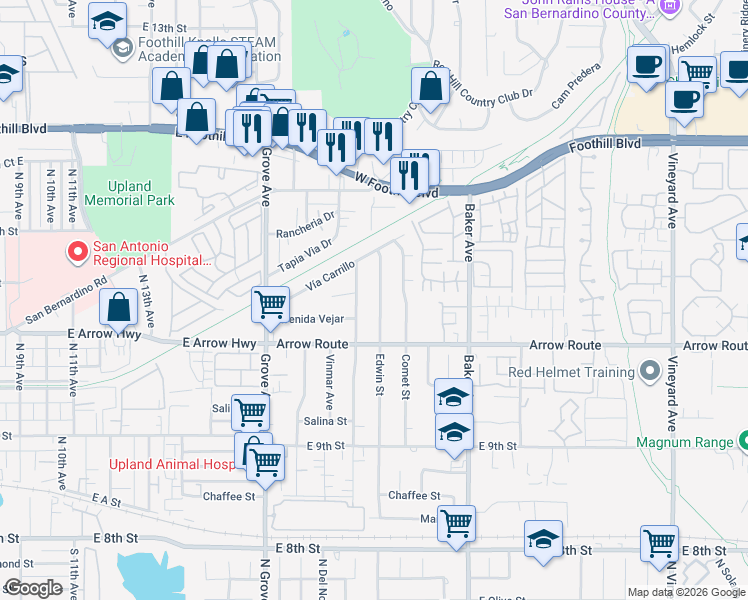 map of restaurants, bars, coffee shops, grocery stores, and more near 8414 Edwin Street in Rancho Cucamonga
