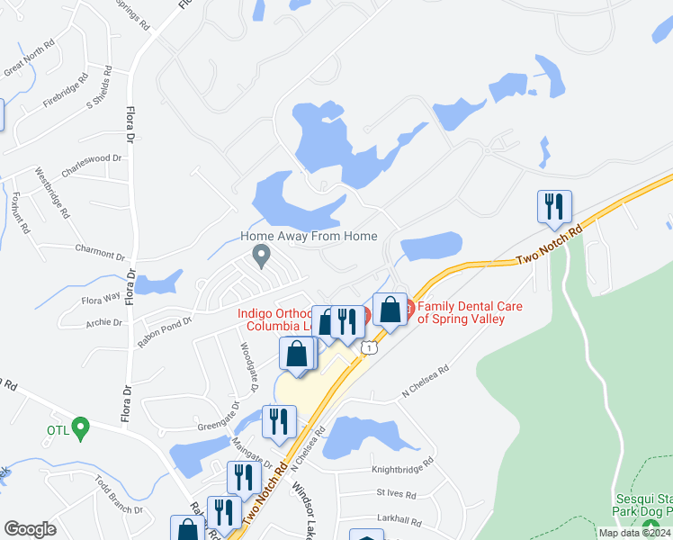 map of restaurants, bars, coffee shops, grocery stores, and more near 113 Southlake Court in Columbia