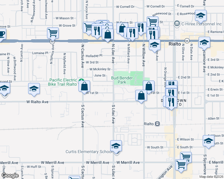 map of restaurants, bars, coffee shops, grocery stores, and more near 502 West 1st Street in Rialto