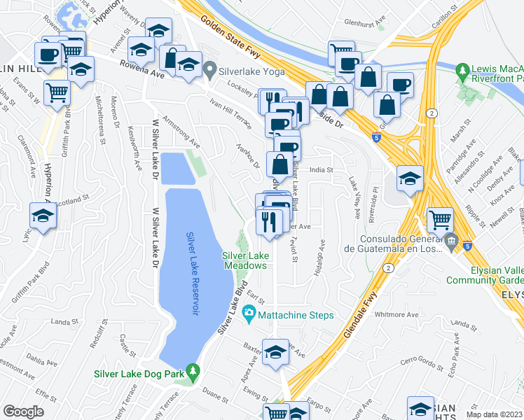 map of restaurants, bars, coffee shops, grocery stores, and more near 2402 Edgewater Terrace in Los Angeles