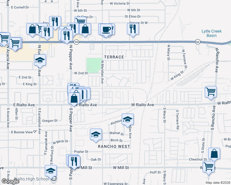 map of restaurants, bars, coffee shops, grocery stores, and more near 2578 West Rialto Avenue in San Bernardino