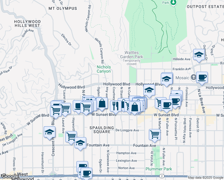 map of restaurants, bars, coffee shops, grocery stores, and more near 1635 Courtney Avenue in Los Angeles