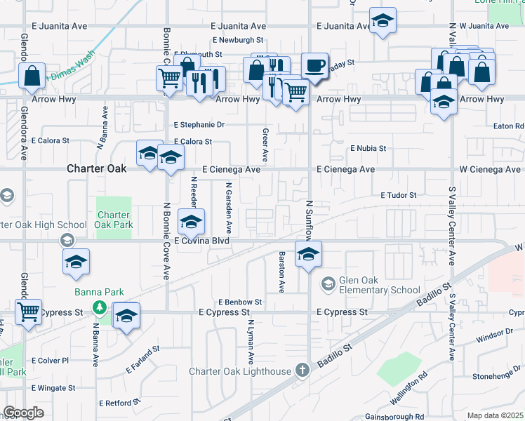 map of restaurants, bars, coffee shops, grocery stores, and more near 1186 Lyman Avenue in Covina