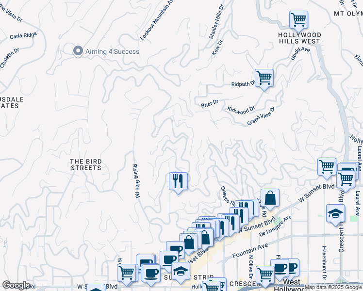 map of restaurants, bars, coffee shops, grocery stores, and more near 8713 Sunset Plaza Terrace in Los Angeles
