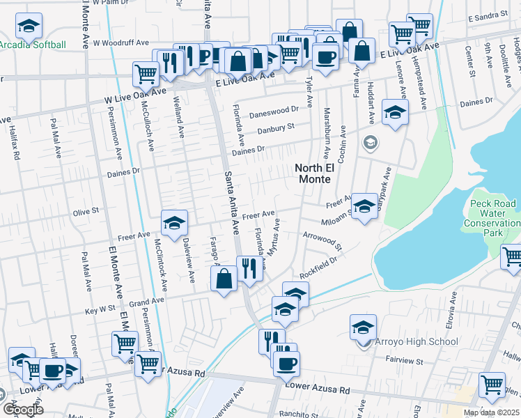 map of restaurants, bars, coffee shops, grocery stores, and more near 11111 Freer Street in Temple City