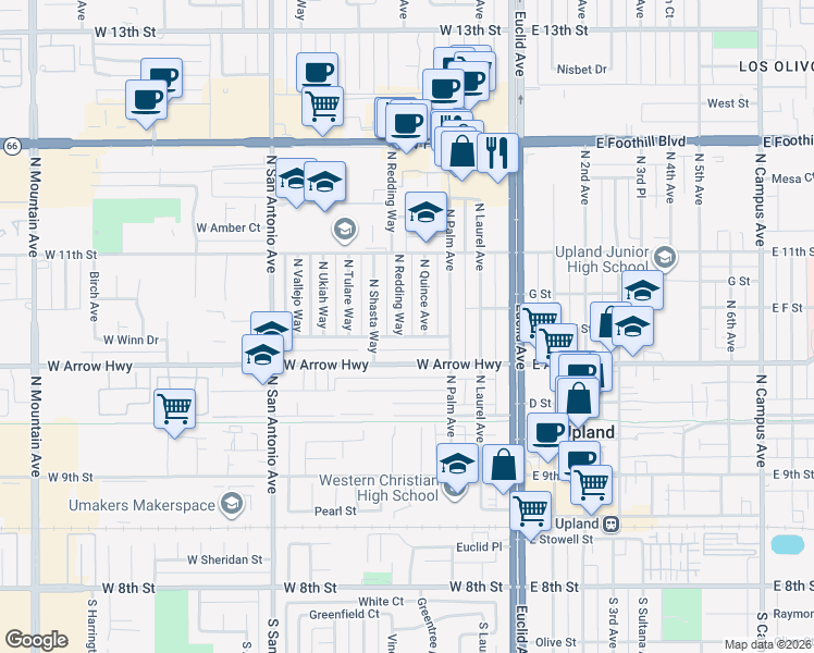 map of restaurants, bars, coffee shops, grocery stores, and more near 598 North Redding Way in Upland