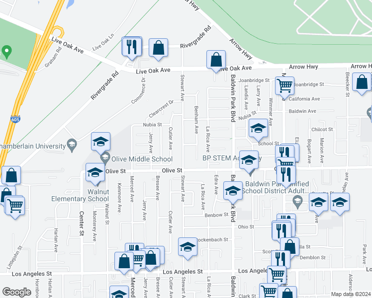 map of restaurants, bars, coffee shops, grocery stores, and more near 4850 Stewart Avenue in Baldwin Park