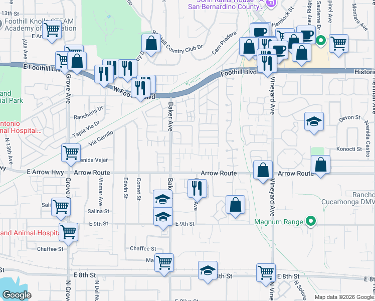 map of restaurants, bars, coffee shops, grocery stores, and more near 8560 Cava Drive in Rancho Cucamonga