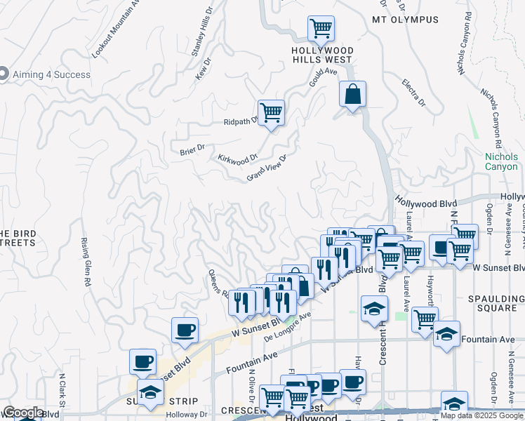 map of restaurants, bars, coffee shops, grocery stores, and more near 8514 Hillside Avenue in Los Angeles