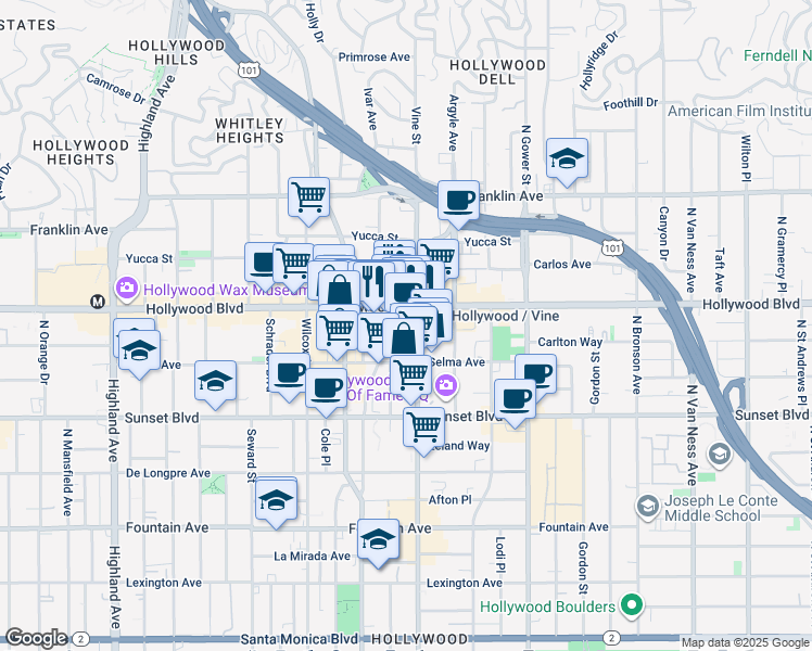 map of restaurants, bars, coffee shops, grocery stores, and more near in Los Angeles