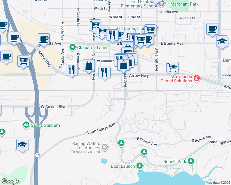 map of restaurants, bars, coffee shops, grocery stores, and more near 503 San Antonio Road in San Dimas
