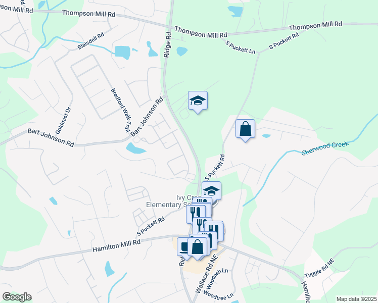 map of restaurants, bars, coffee shops, grocery stores, and more near 3441 Lindenridge Drive in Buford
