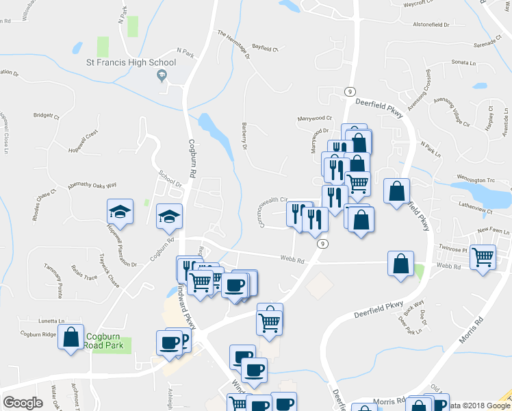 map of restaurants, bars, coffee shops, grocery stores, and more near 2914 Commonwealth Circle in Alpharetta