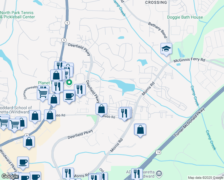 map of restaurants, bars, coffee shops, grocery stores, and more near 3379 Lathenview Court in Alpharetta