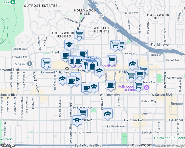 map of restaurants, bars, coffee shops, grocery stores, and more near 1646 North Cherokee Avenue in Los Angeles