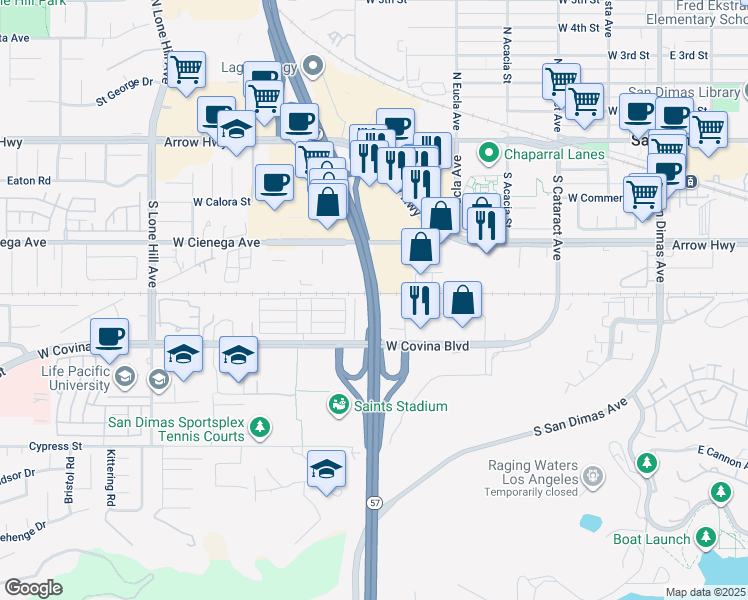 map of restaurants, bars, coffee shops, grocery stores, and more near 1562 Calle Cristina in San Dimas