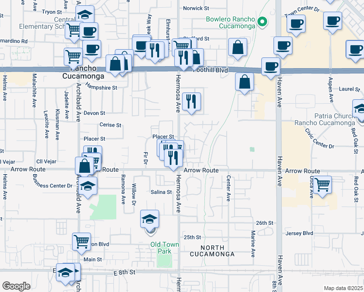 map of restaurants, bars, coffee shops, grocery stores, and more near 8410 Hermosa Avenue in Rancho Cucamonga