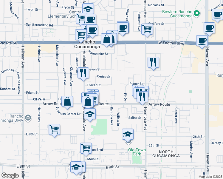 map of restaurants, bars, coffee shops, grocery stores, and more near 9882 Arrow Route in Rancho Cucamonga
