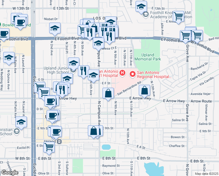map of restaurants, bars, coffee shops, grocery stores, and more near 569 North 8th Avenue in Upland