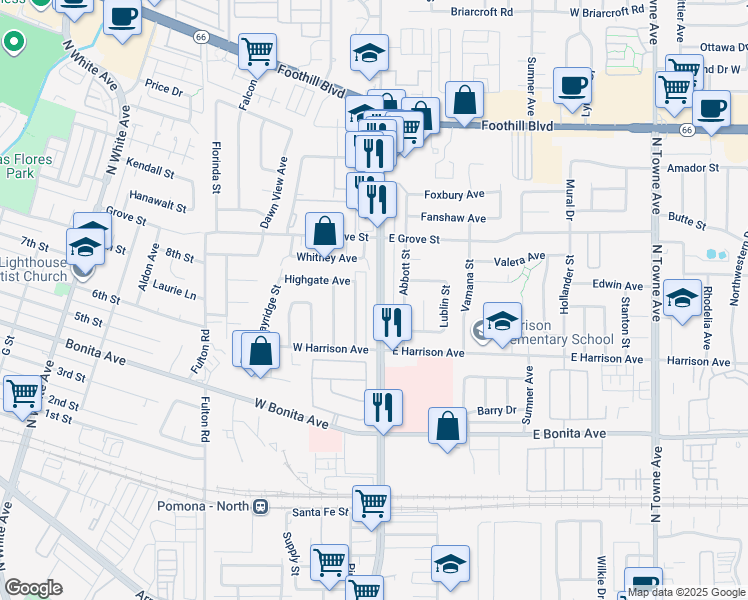 map of restaurants, bars, coffee shops, grocery stores, and more near 2984 North Garey Avenue in Pomona