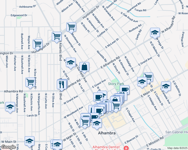 map of restaurants, bars, coffee shops, grocery stores, and more near 100 East Alhambra Road in Alhambra