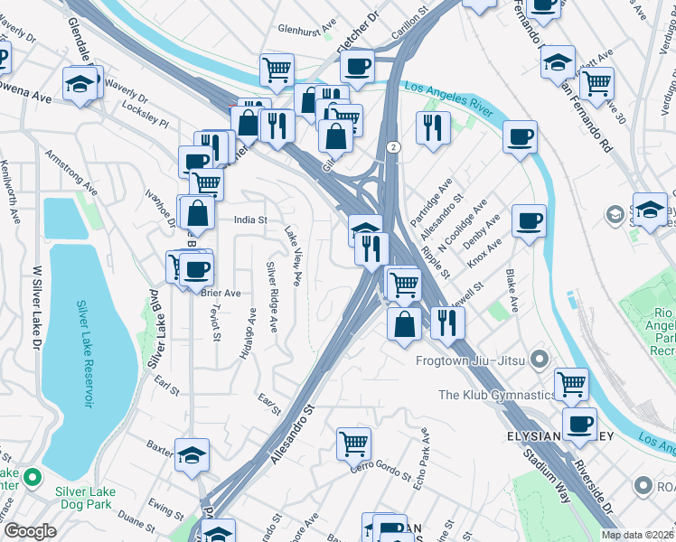 map of restaurants, bars, coffee shops, grocery stores, and more near 2587 1/2 Riverside Terrace in Los Angeles