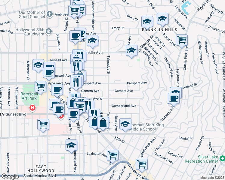 map of restaurants, bars, coffee shops, grocery stores, and more near 4215 Camero Avenue in Los Angeles