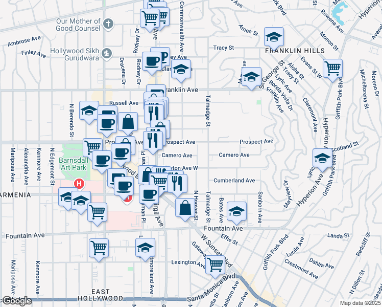map of restaurants, bars, coffee shops, grocery stores, and more near 4353 Camero Avenue in Los Angeles