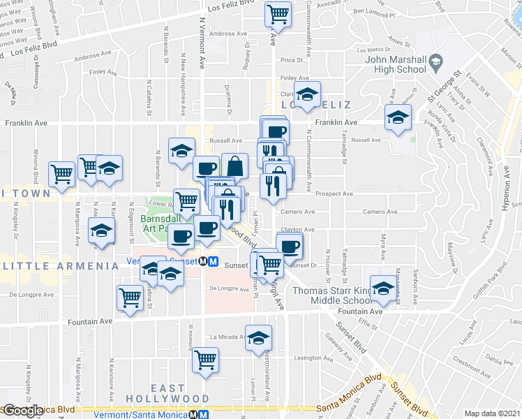 map of restaurants, bars, coffee shops, grocery stores, and more near 1639 Lyman Place in Los Angeles