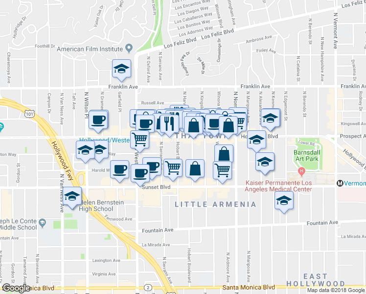 map of restaurants, bars, coffee shops, grocery stores, and more near 1640 North Hobart Boulevard in Los Angeles