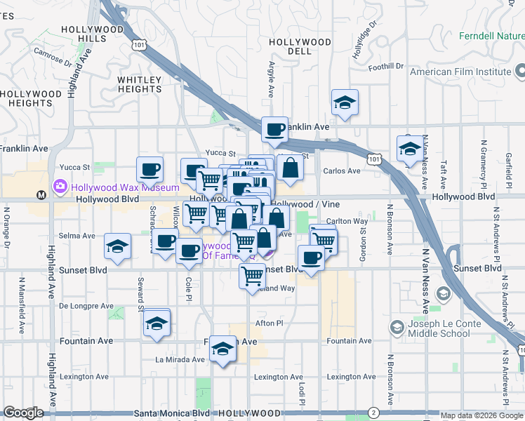 map of restaurants, bars, coffee shops, grocery stores, and more near in Los Angeles