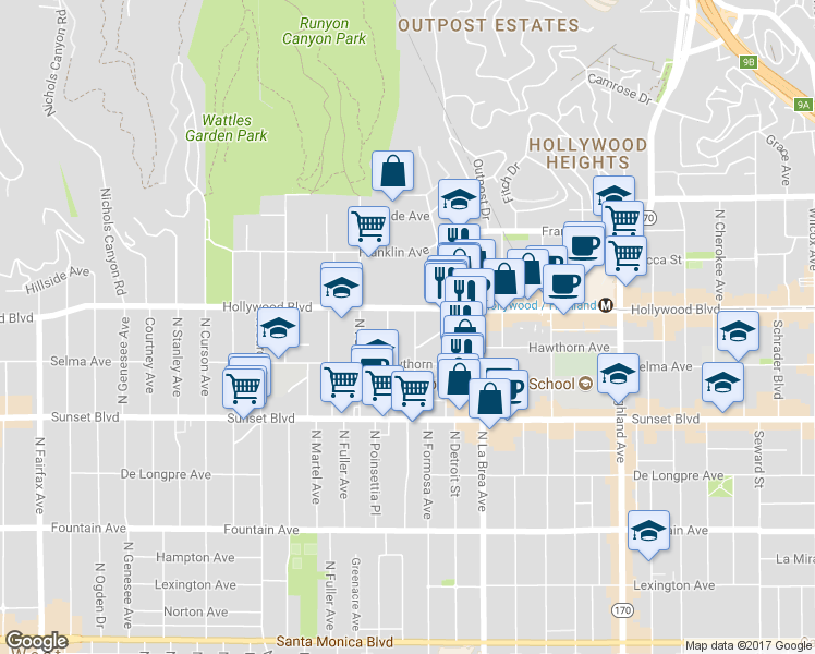 map of restaurants, bars, coffee shops, grocery stores, and more near 1643 North Formosa Avenue in Los Angeles