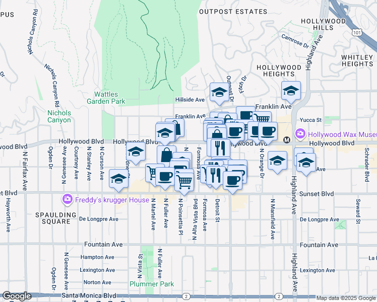 map of restaurants, bars, coffee shops, grocery stores, and more near 1643 North Formosa Avenue in Los Angeles