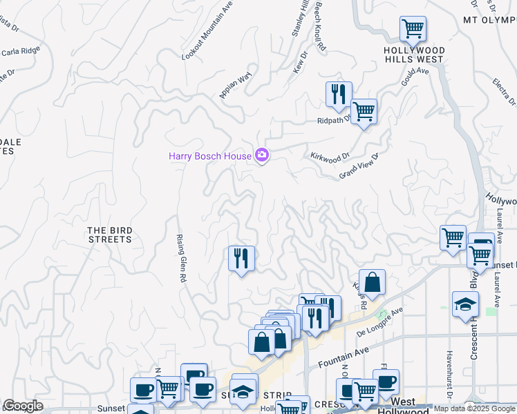 map of restaurants, bars, coffee shops, grocery stores, and more near 8713 Sunset Plaza Terrace in Los Angeles