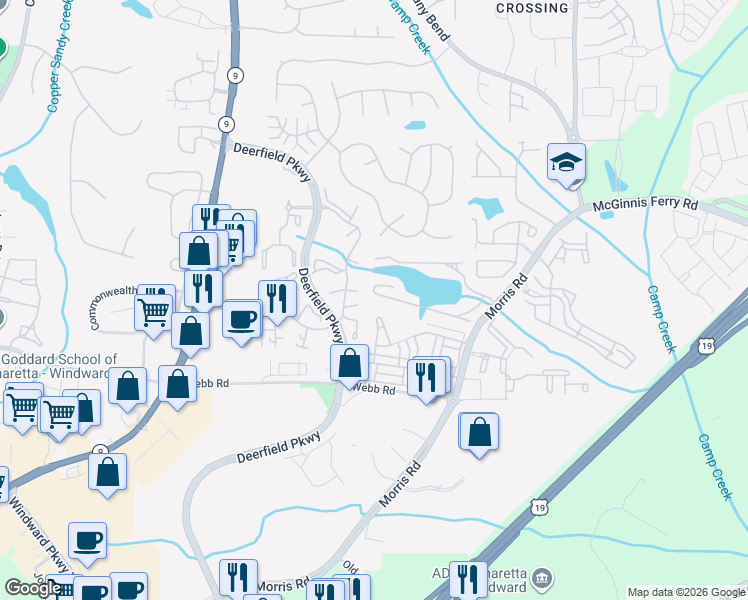 map of restaurants, bars, coffee shops, grocery stores, and more near 3379 Lathenview Court in Alpharetta