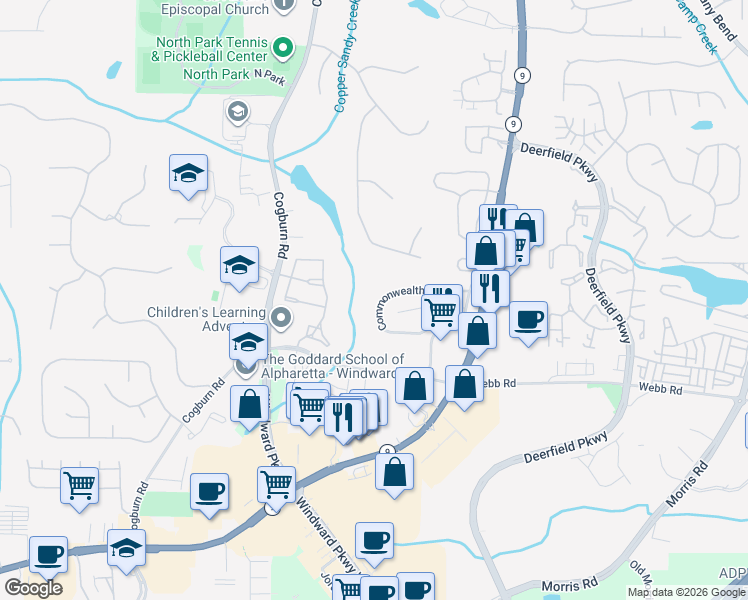 map of restaurants, bars, coffee shops, grocery stores, and more near 2914 Commonwealth Circle in Alpharetta