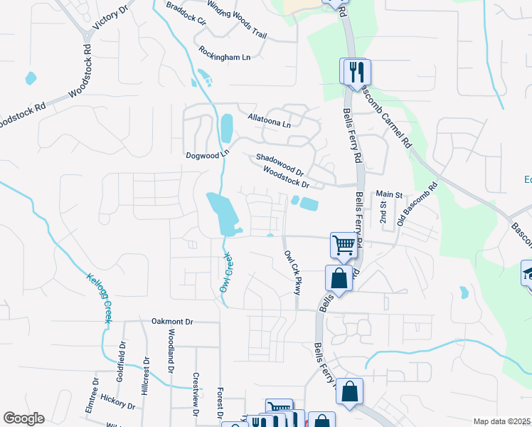 map of restaurants, bars, coffee shops, grocery stores, and more near 1201-1399 Hunter Road in Acworth