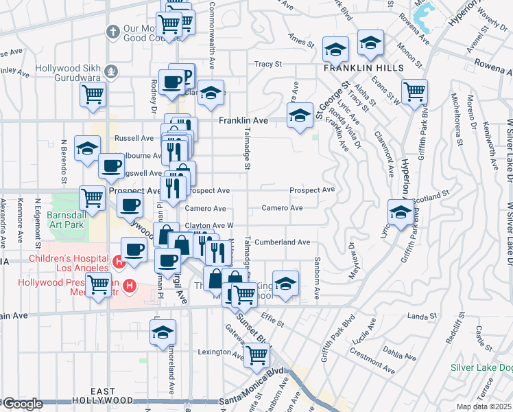 map of restaurants, bars, coffee shops, grocery stores, and more near 4215 Camero Avenue in Los Angeles