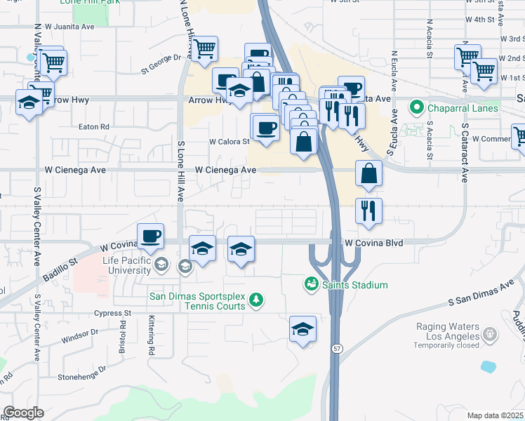 map of restaurants, bars, coffee shops, grocery stores, and more near 801 West Covina Boulevard in San Dimas
