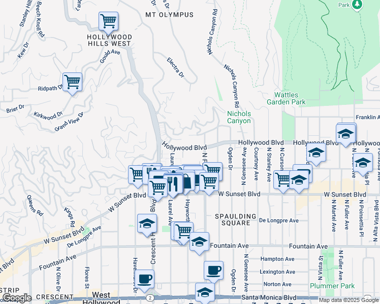 map of restaurants, bars, coffee shops, grocery stores, and more near 7928 Hollywood Boulevard in Los Angeles