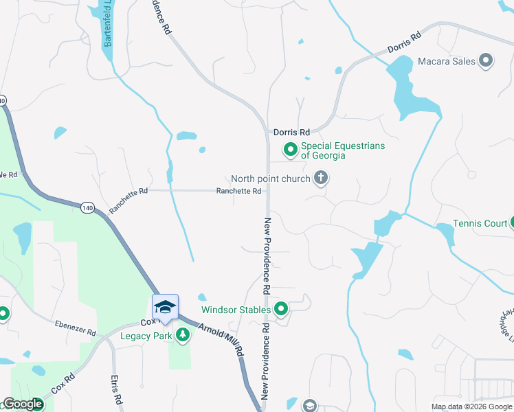 map of restaurants, bars, coffee shops, grocery stores, and more near 13150 New Providence Road in Alpharetta